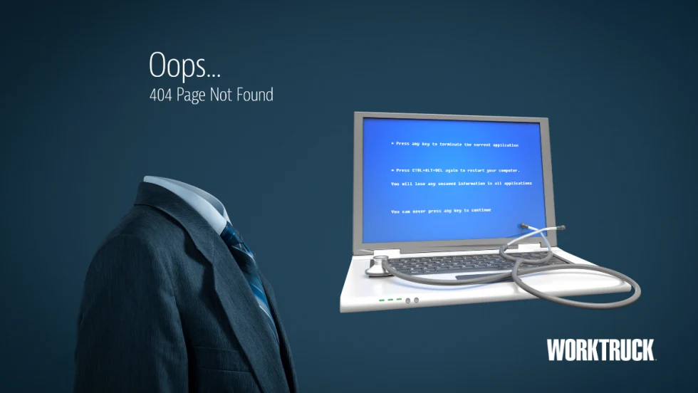 Work Truck graphic showing a headless suit facing a laptop with a blue error screen and stethoscope, alongside “404 Page Not Found” text, symbolizing broken, disconnected fleet technology systems.