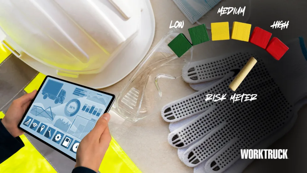 Work Truck image showing safety gear, gloves, hard hat, and a tablet dashboard beside a color-coded risk meter labeled low to high, illustrating how fleet safety and risk management are becoming opera