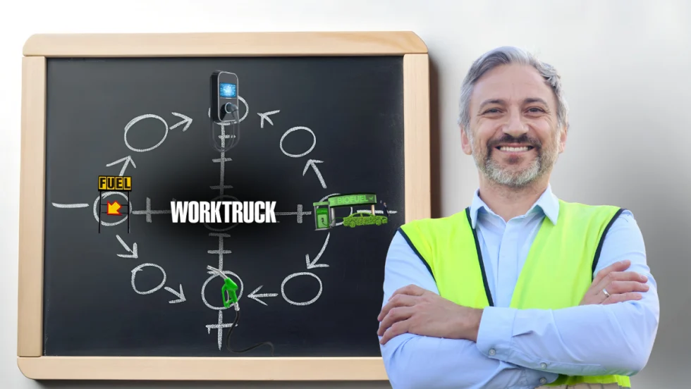 Work Truck image of a fleet leader in a safety vest beside a chalkboard diagram showing fuel, EV charging, and biofuel paths, representing a flexible powertrain playbook for fleet planning in 2026.