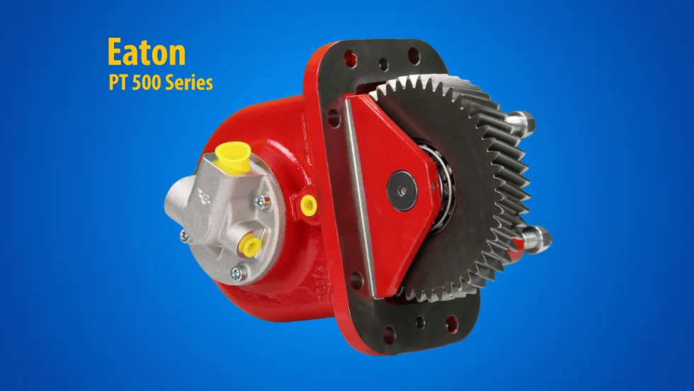 Image of a red PTO against a blue background with inset yellow text for Eaton PTO 500 Series.