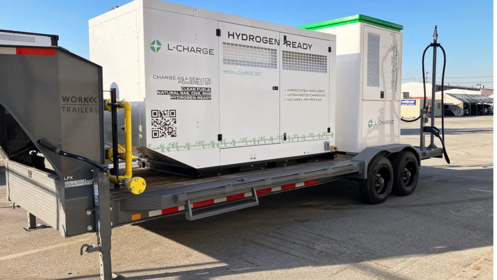Mobile EV charging trailer powered by natural gas generator parked in a lot.