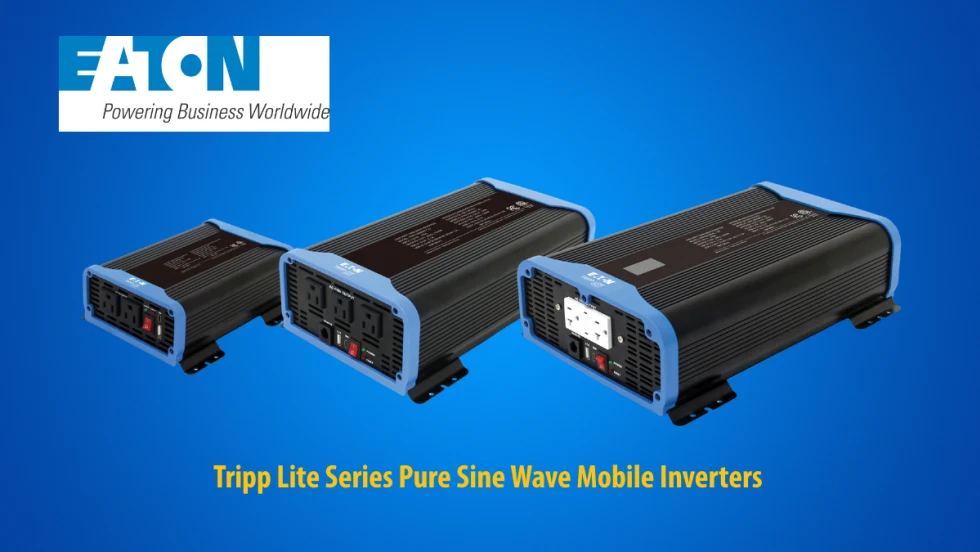 Three power invertors in front of a blue background an a company logo for Eaton.