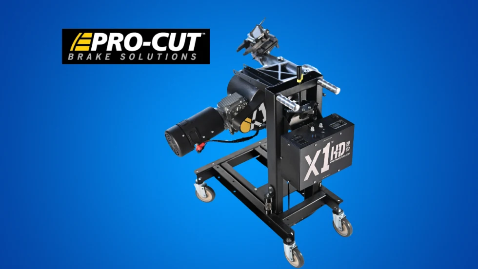 Brake lathe on blue background with logo for Pro-Cut Brake Solutions.