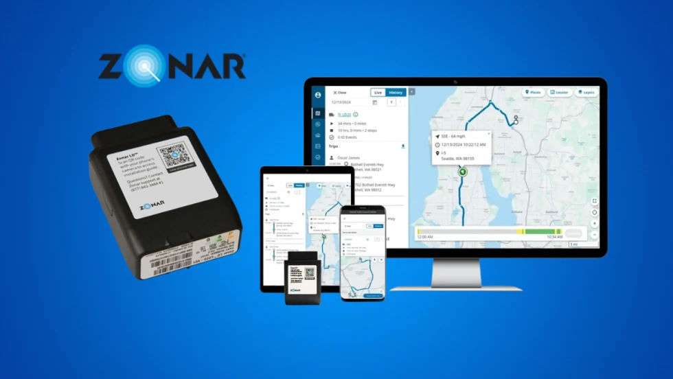 Image of telematics control unit and computer, tablet, and phone screens against a blue background with logo for Zonar.