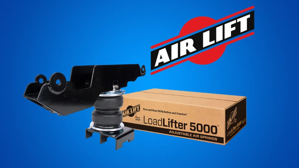Image of a suspension kit, the box it comes in, and logo for Air Lift, all on a blue background.