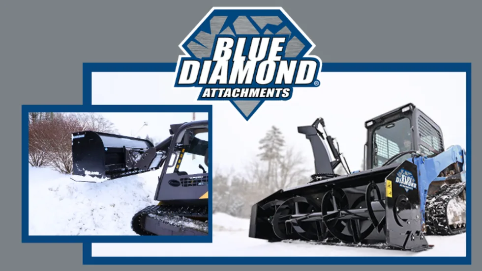 Photo of a snow blower on a skid steer, another snow pusher bucket, and a logo for Blue Diamond Attachments.