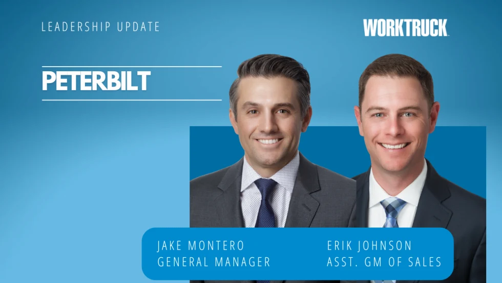 two men in business attire against a blue background and large white letters that say Peterbilt