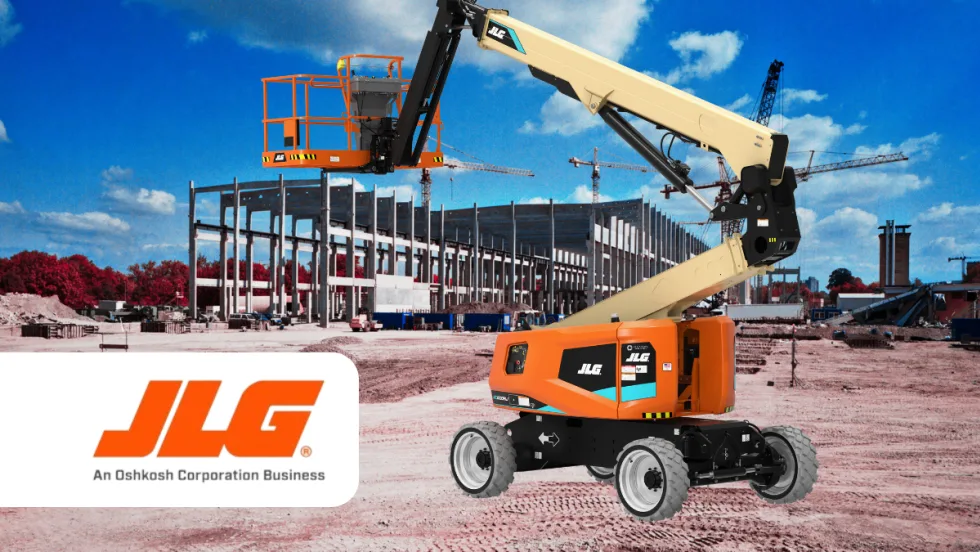 Electric boom lift at a construction site, logo for JLG Industries.