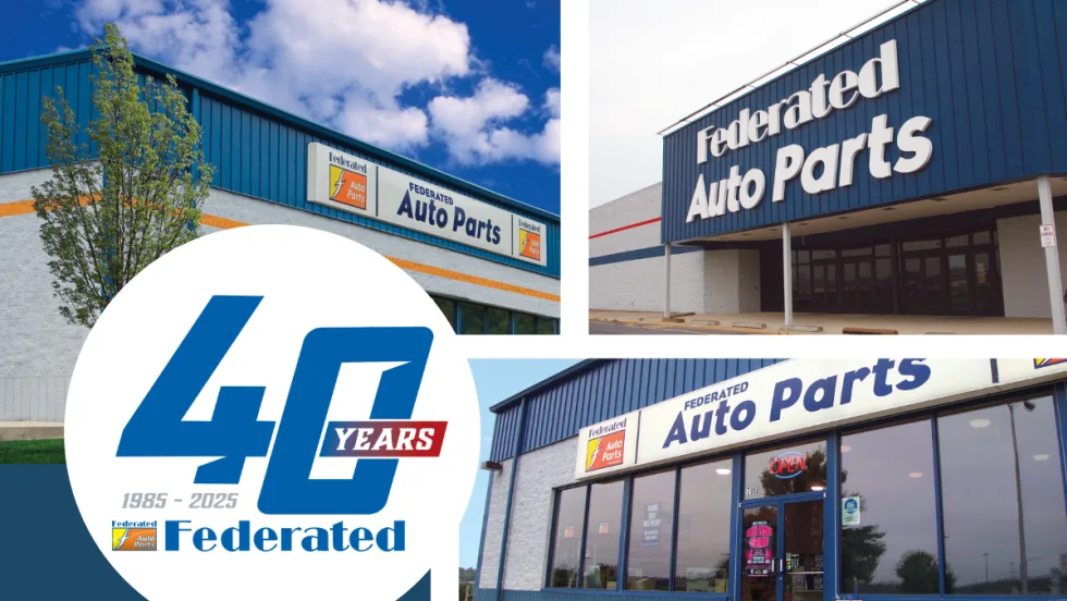 40th anniversary logo for Federated Auto Parts and front entrance photos from three locations.