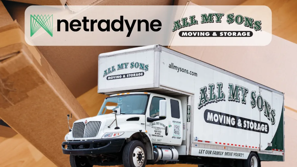 Moving truck positioned in front of background image of moving boxes and company logos inset for Netradyne and All My Sons Moving & Storage.