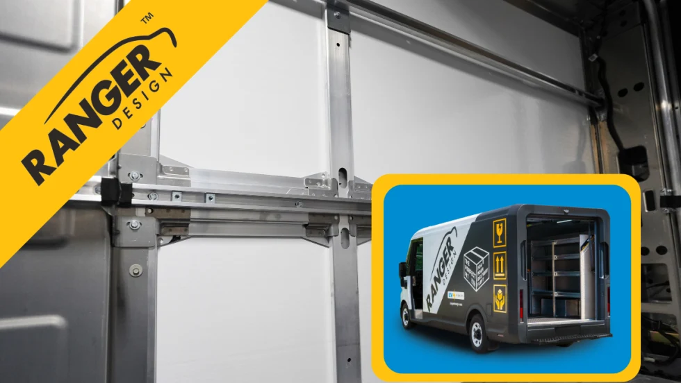 Inside view of a delivery van with a mounting track on the wall and inset image of the exterior view of the van.