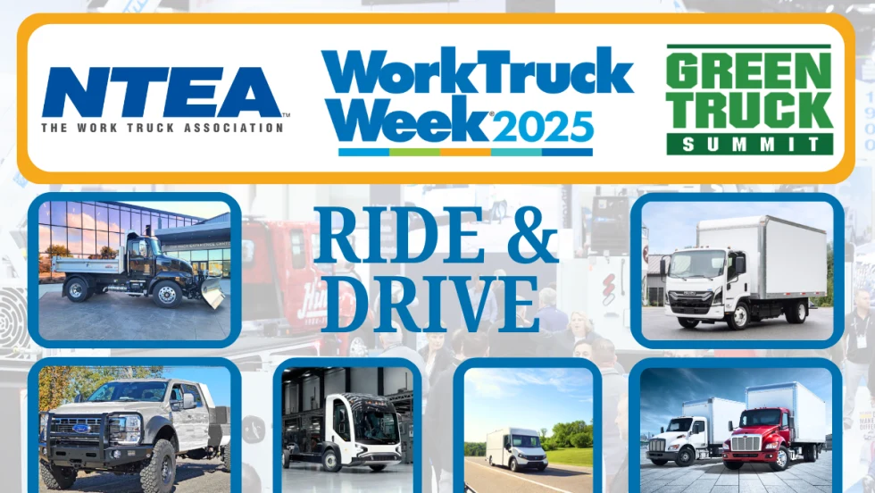 Collage of truck and van photos and logos for NTEA, Work Truck Week, and Green Truck Summit.