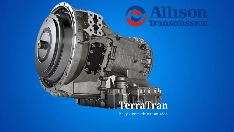 Truck transmission against a blue background and inset logo for Allison Transmission.