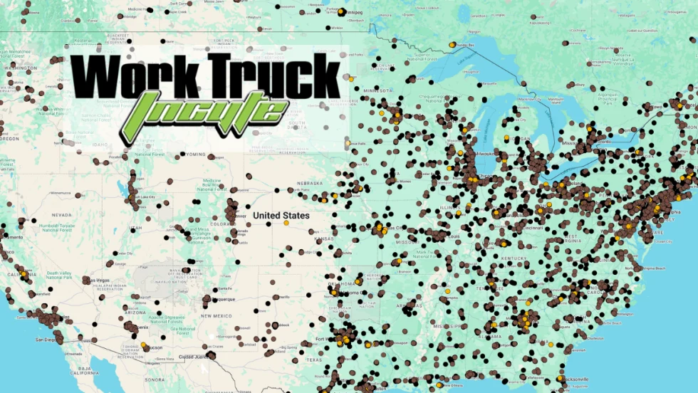 Map of the US with lots of location dots on the map and logo for Work Truck Incyte.