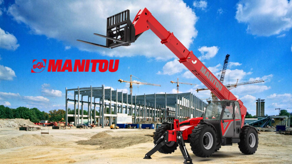 Orange telehandler extended at a construction site, inset company logo for Manitou.