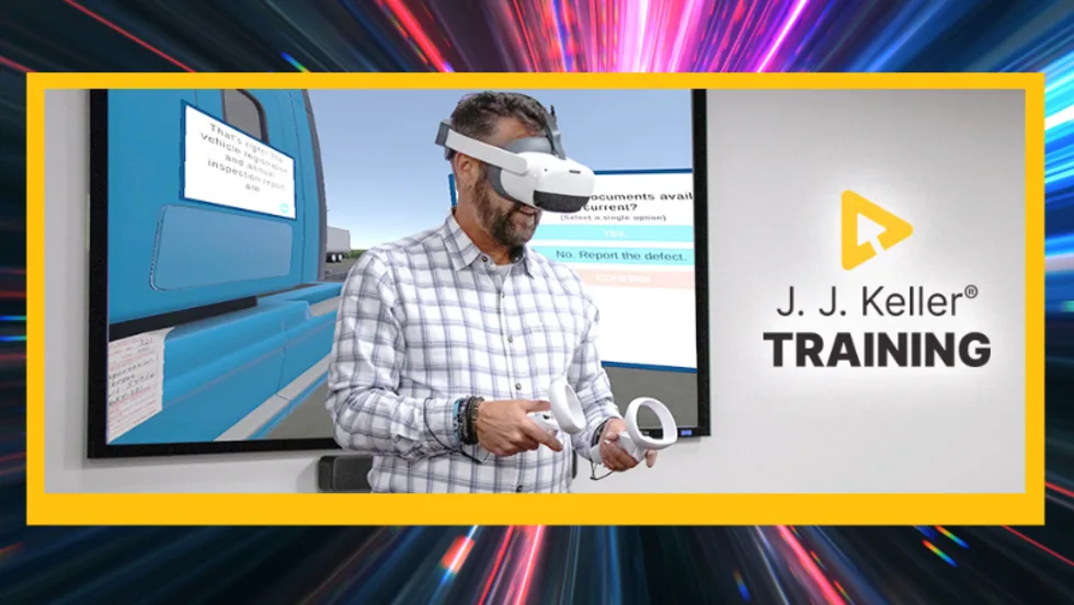 Man using VR goggles and hand controls.
