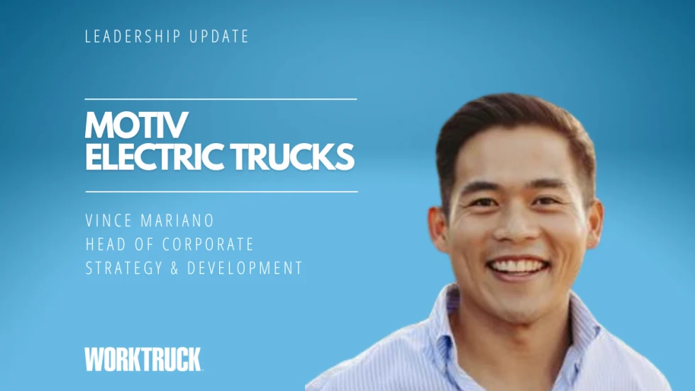 Businessman against a blue background with words that say Motiv Electric Trucks.