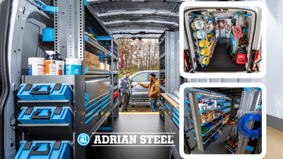 Background image of shelving inside a cargo van with two smaller inset images of shelves and a logo for Adrian Steel.