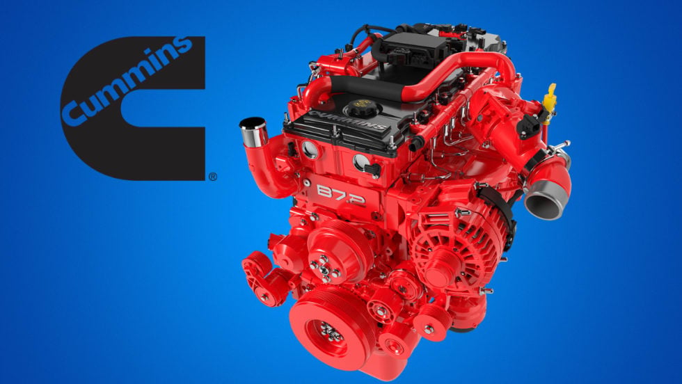 Red diesel engine against a blue background with logo for Cummins.