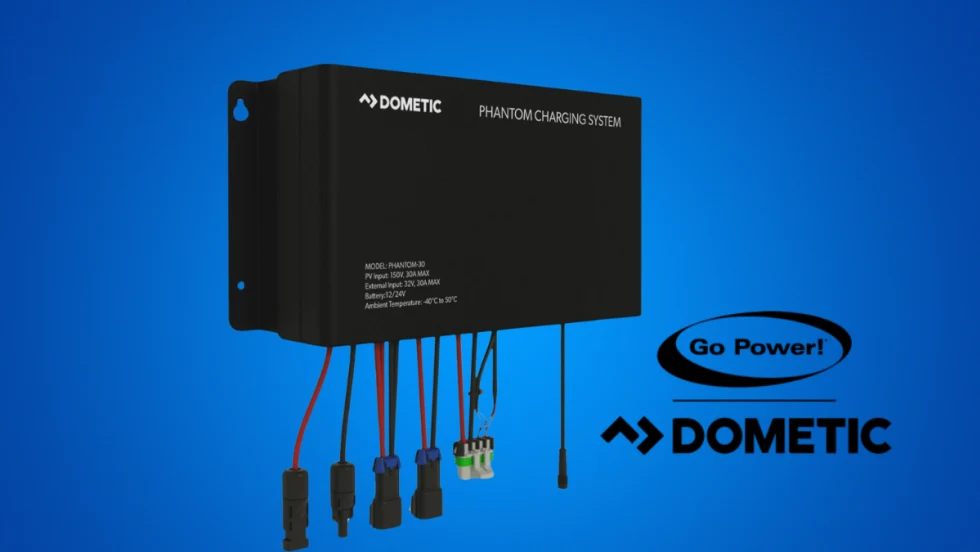 Blue background with a black box-like object with wires hanging down, and logos for Go Power! and Dometic.