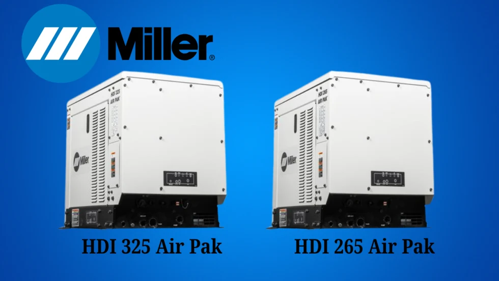 Blue background with cut out images of white mechanical boxes that are welders and air compressors all in one unit. Logo for Miller Electric.