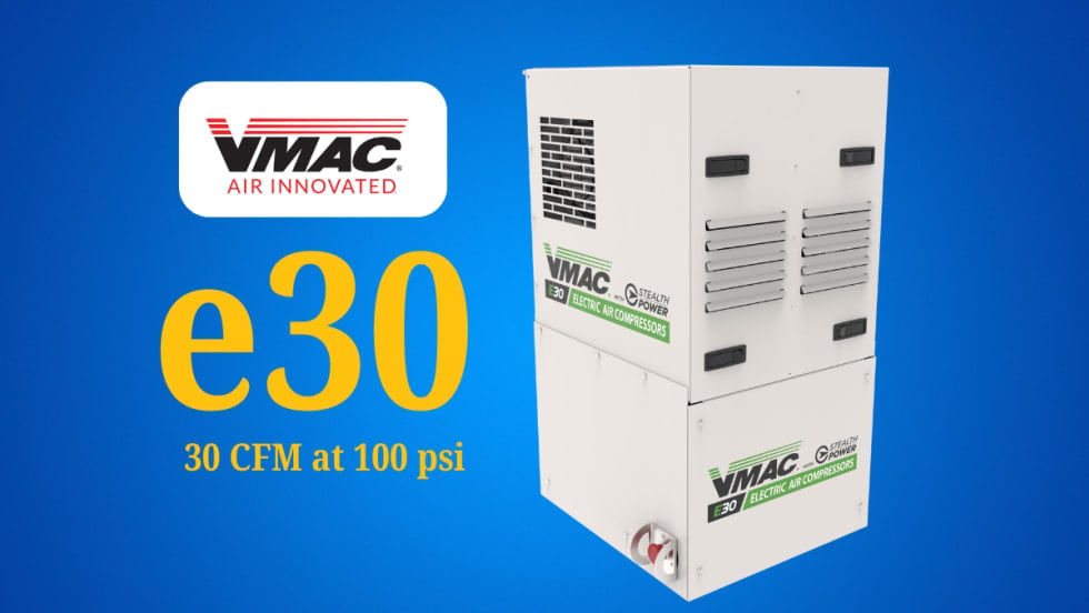 Blue background with logo for VMAC and a photo of a white box-shaped air compressor, with text that says e30.