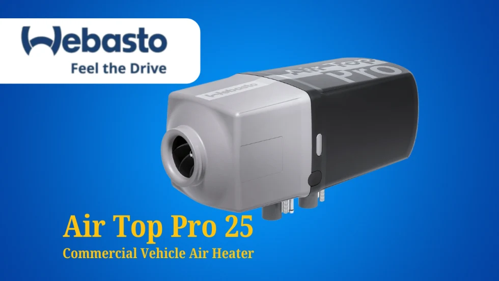 Image of an air heater for commercial vehicles, and a logo for Webasto.