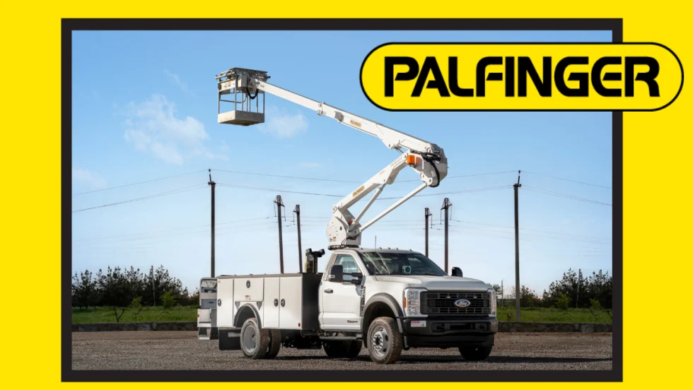 utility truck with boom extended against a blue sky, surrounded by yellow background and logo for Palfinger.