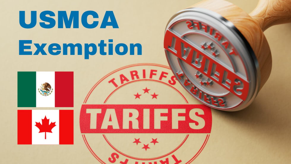 Photo of a stamp and a tariffs imprint stamped onto brown paper, inset flags for Canada and Mexico, and words USMCA Excemption.