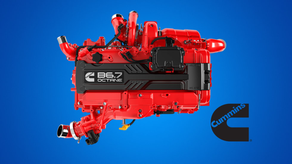 Red gasoline engine viewed from the side set against a blue background and a logo for Cummins.