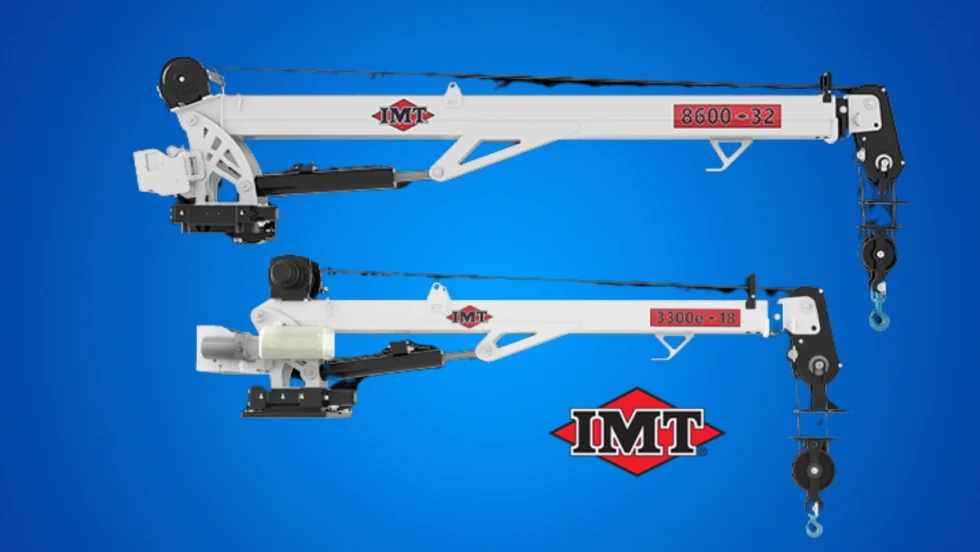 Two white service cranes in front of a blue background and a logo for IMT.