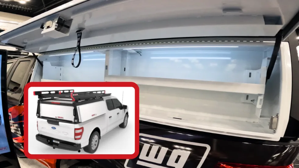 Side view of shelving in a cap on a pickup truck, with inset artist's rendering of the entire cap.
