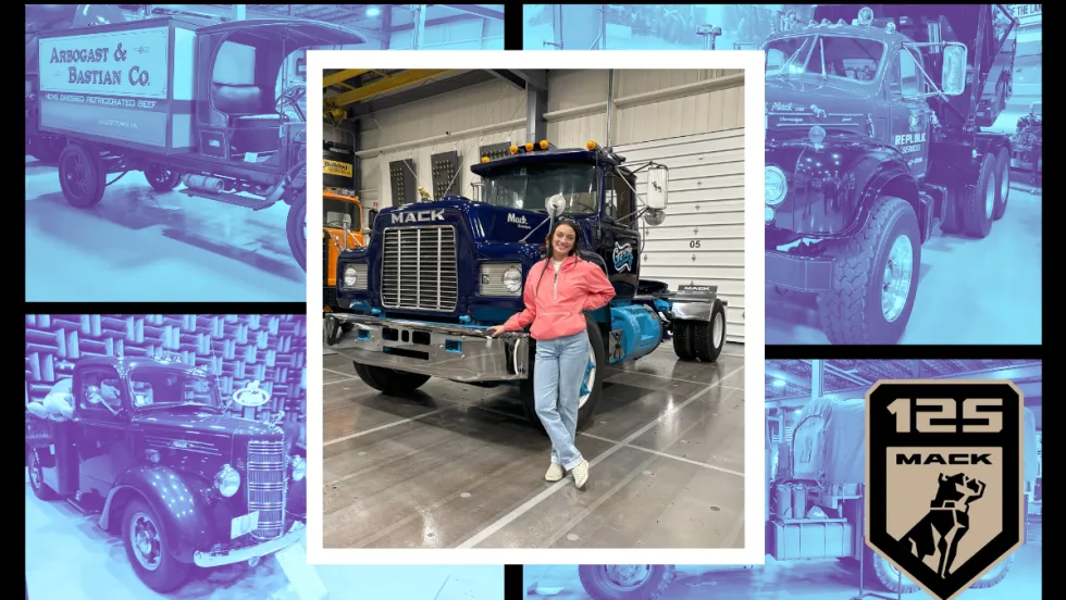 Woman standing in front of a blue Mack truck set against a background collage of other historic trucks.