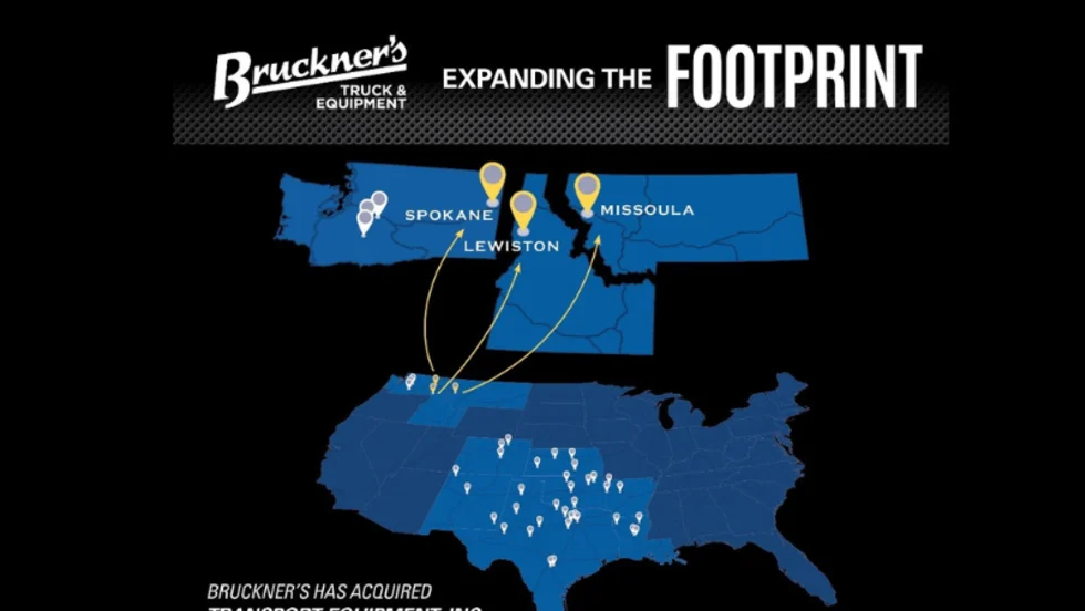 Black background with blue outlines of three states and a map of the US, with logo for Bruckner's and headline Expanding the Footprint.