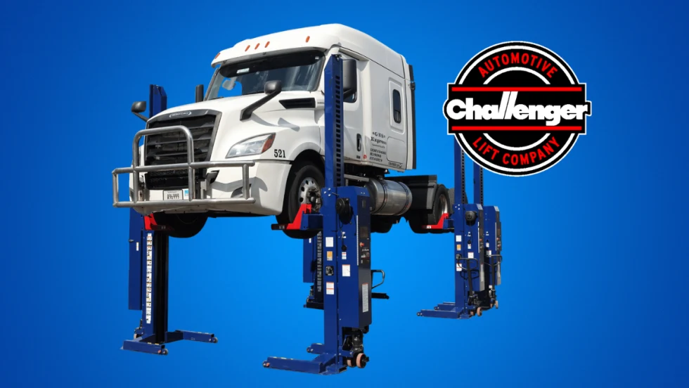 Semi truck hoisted into the air by four-column automotive lift against a blue background with logo for Challenger Lifts.