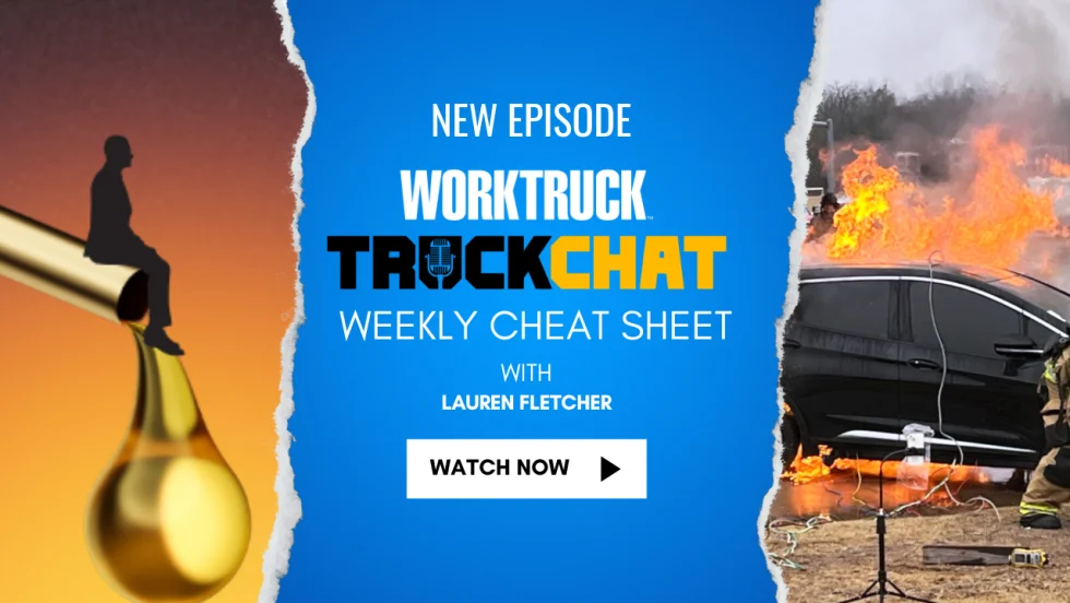 Weekly Cheat Sheet with man sitting on fuel pump and EV vehicle on fire. 