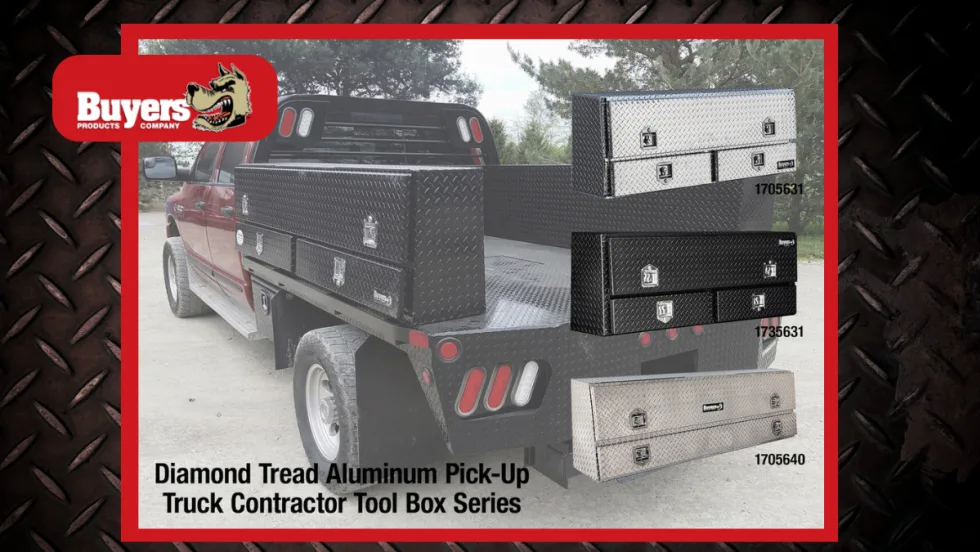 Image of work truck equipped with tool boxes and additional inset images of truck tool boxes.