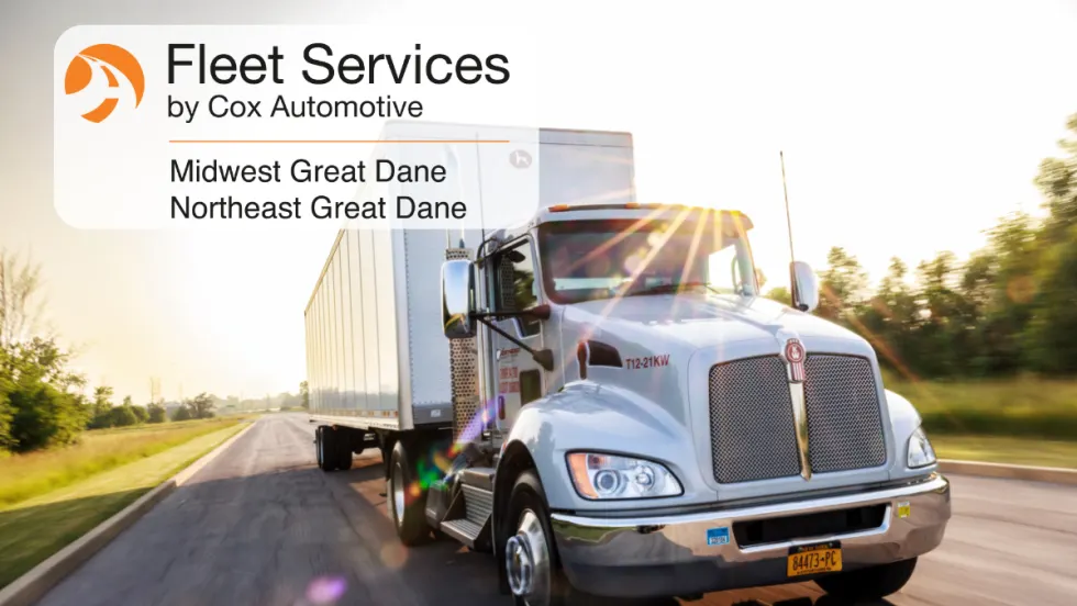 Image of tractor trailer driving down road with inset logos for Fleet Services by Cox Automotive and Midwest Great Dane.