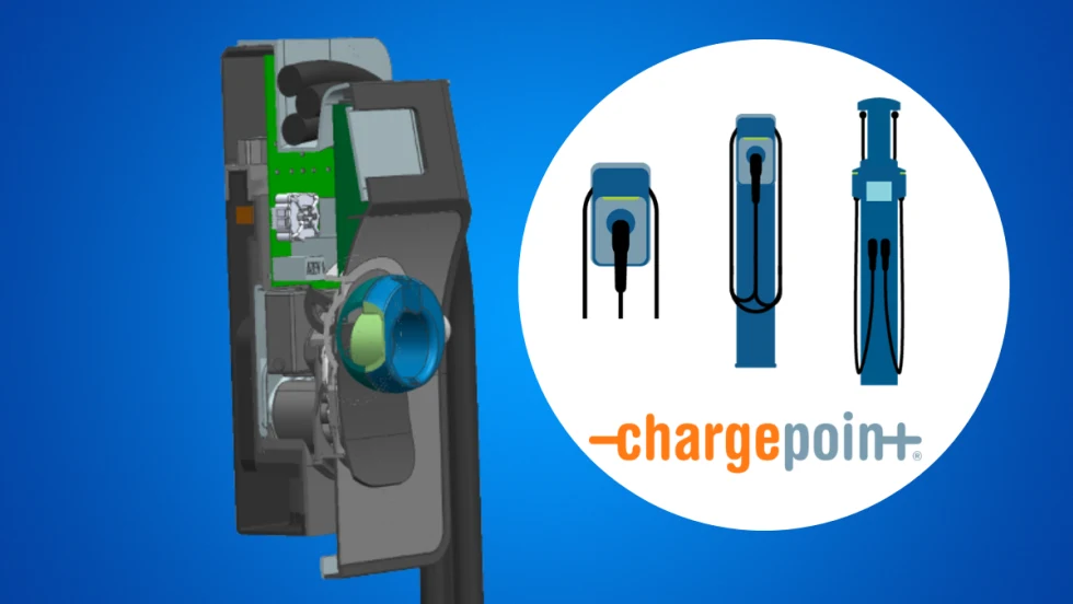 Blue background with drawing of an EV charger, inset logo for ChargePoint inside a white circle to the right.