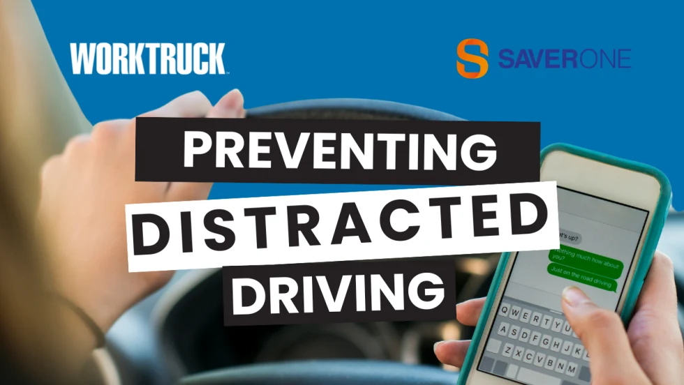 Distracted driver hold cell phone in background with Prevent Distracted Driving 