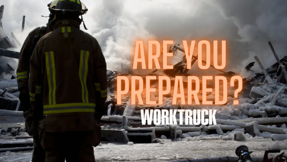 Firefighter in front of an extinguished fire that says "Are You Prepared?"