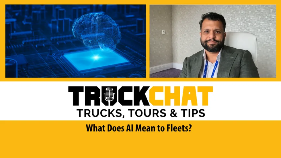Truck Chat logo, image of man talking at a table inset top right, image representing AI inset top left, headline that says What Does AI Mean to Fleets?