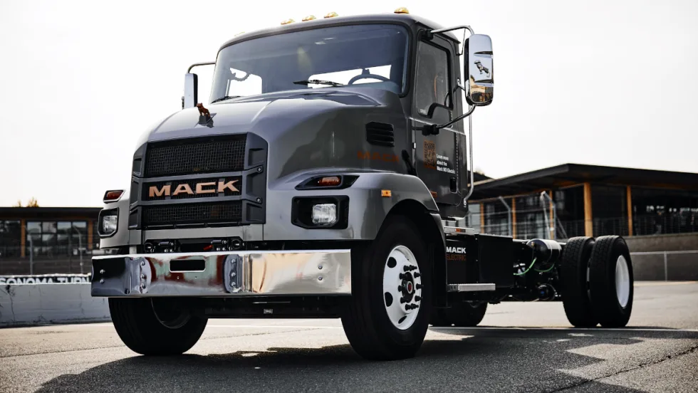 Medium-duty chassis-cab Mack truck.
