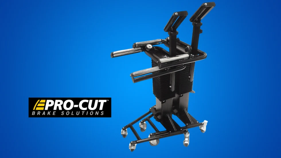 Tire trolly against a blue background with logo for Pro-Cut.