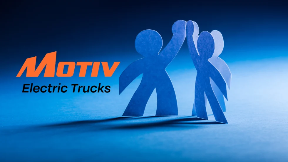 Blue background with cutout paper figures in a group high-five pose, inset logo for Motiv Electric Trucks.