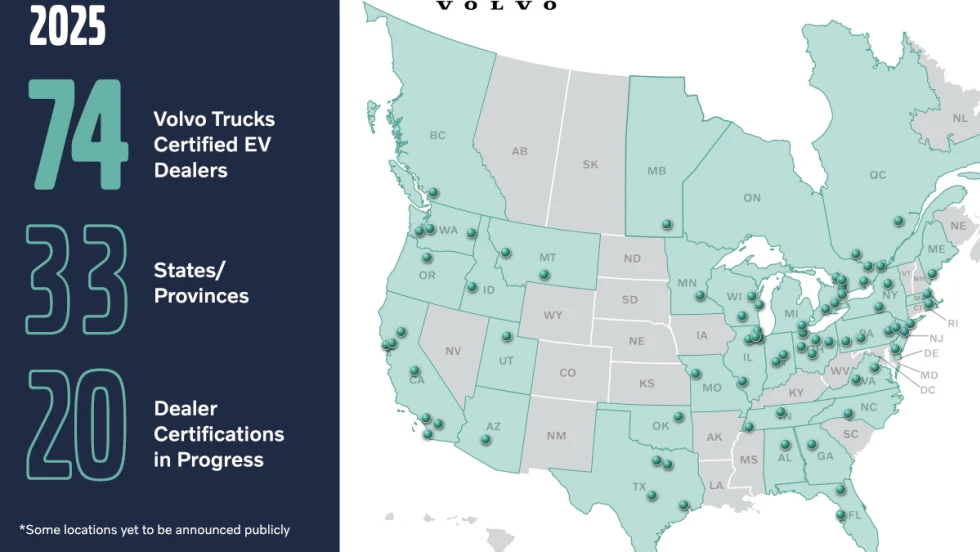 Map of North America showing Volvo Trucks dealers that are EV certified.