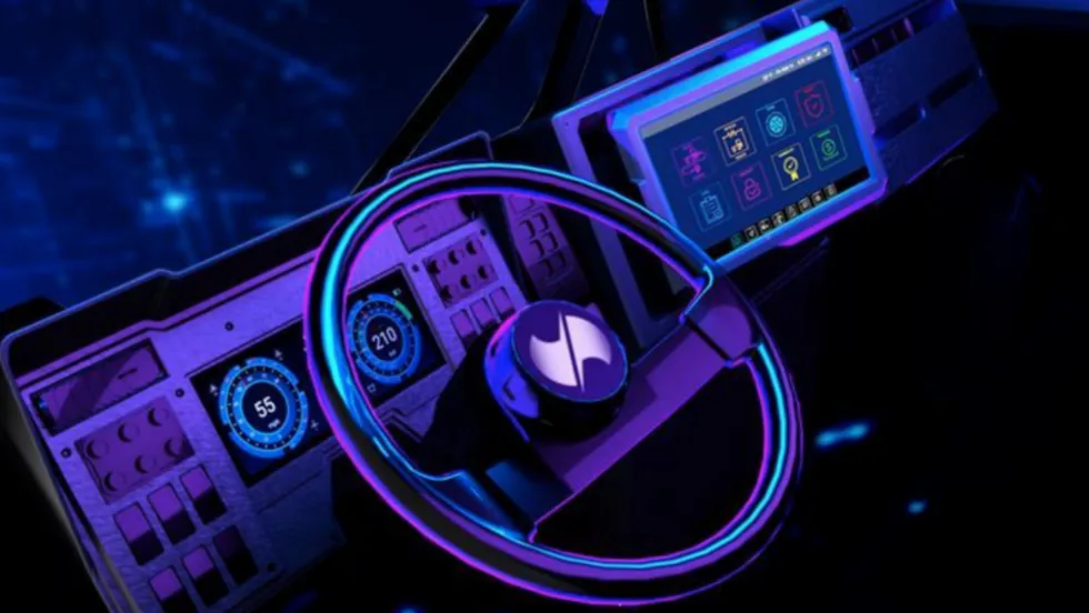 Interior of truck cab with electronic gages and touch screen.