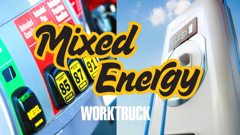 Mixed Energy with image of gas pump and charging station in background