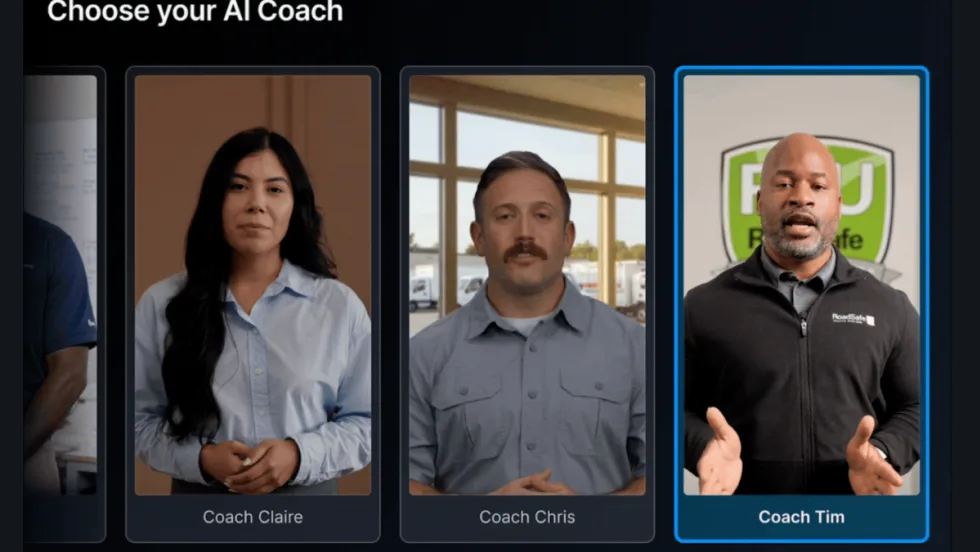 Images of three AI-generated people inset against a black background and text at the top that says Choose Your AI Coach.