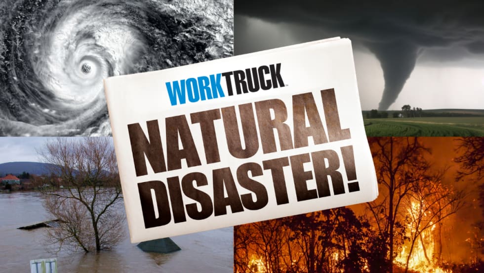 Four natural disasters - hurrican, tornado, flood, and wildfire - with newspaper and big NATURAL DISASTER headline 